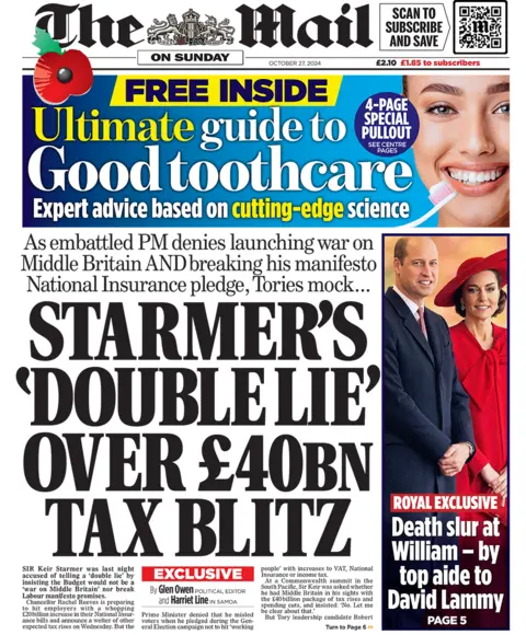 The main headline on the front page of the Mail on Sunday reads: "Starmer's 'double lie' over Â£40bn tax blitz" 