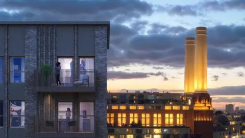 BPSDC A CGI of a mid-rise, brown brick block of flats, set against a lit up Battersea Power Station