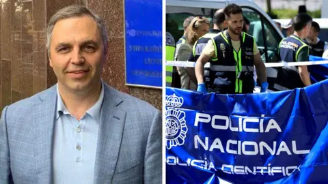 A composite image of Andriy Portnov and police officers standing near the car of the ex-Ukrainian MP after he was shot dead outside a school in Madrid