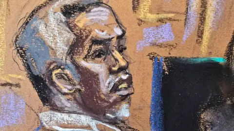 A courtroom sketch of Sean "Diddy" Combs listening as lawyer Marc Agnifilo makes arguments during Combs' sex trafficking trial in New York City on 13 June 2025.