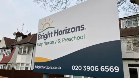BBC/Harry Low Bright Horizons day nursery preschool sign in front of houses