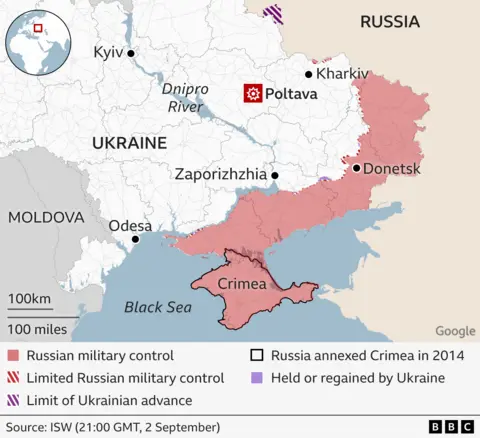 BBC-kaart van Oost-Oekraïne met de gebieden die in handen zijn van Rusland en Oekraïne. Poltava is gemarkeerd op de kaart