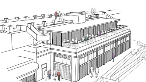 Lee Evans Partnership Drawing showing how a rooftop restaurant on could look on a restored Margate Winter Gardens
