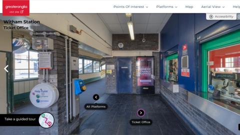 A screenshot of the online virtual tour of Witham railway station, which shows the ticket desk, help point and corridor.