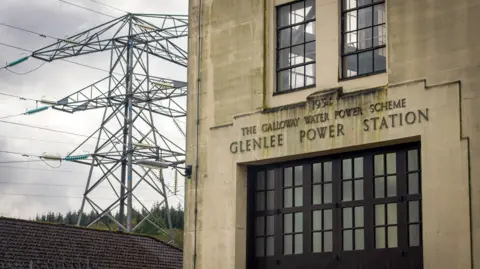 Drax The front of the Glenlee Power Station with its modernist design and a sign with its name beneath the words "The Galloway Water Power Scheme". Next to it is a large electricity pylon.