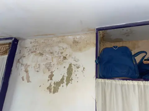 Mould in Christine's house in Rotherham. A white-painted wall is discoloured with water damage at the top and on the ceiling. The paint is peeling off in some places.