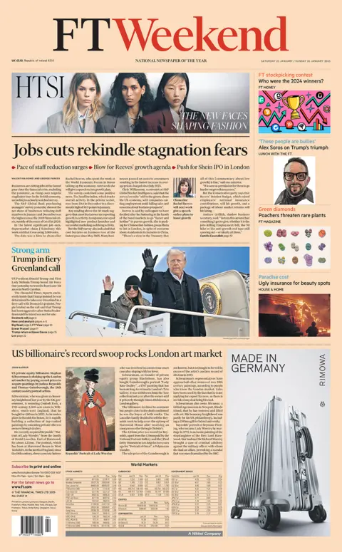 The headline in the Financial Times reads: "Jobs cuts rekindle stagnation fears". 