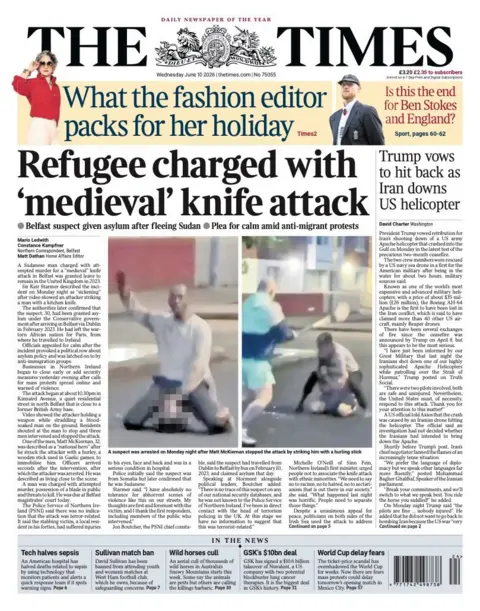The headline on the front page of the Times reads: "Refugee charged with 'medieval' knife attack."