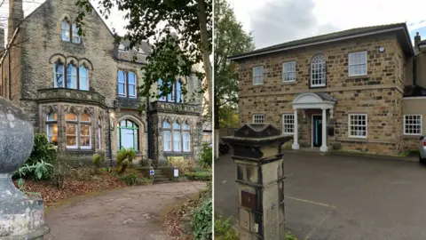 Google/BBC A composite image of two care homes. The photo on the left shows large old brick building at the end of a driveway. The front garden is full of trees and lights can be seen through the large front windows. The photo on the right is a two-storey modern building with hints of Georgian architecture.