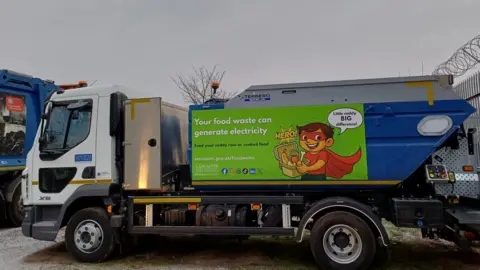 A food waste collection truck has an image of a cartoon boy dressed as a super hero and carrying a caddy filled with food waste. The sign says 'Your food waste can generate electricity. Feed your caddy raw or cooked food', with the website lancaster.gov.uk/foodwaste and 'Lancaster City Council'.