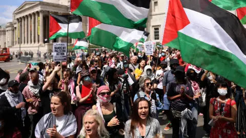 EPA-EFE/Shutterstock A crowd of people, with many holding Palestinian flags, as they look forward behind the camera. It looks like a lot of them are shouting