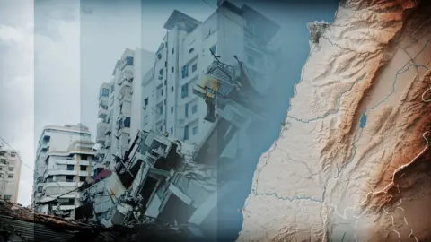 A relief map of Lebanon showing the mountains to the east of Beirut with a photograph of damaged buildings imposed in the background.