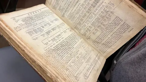 Leeds Museums and Galleries An historical open book on display featuring text on both pages and handwritten annotations in the margins of the left hand page. 