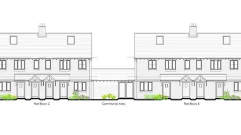 Corporate Architecture Limited Drawn plans of two blocks of flat linked by a communal area. They are two storey buildings with 4 front doors each.