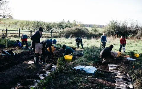 Alexander Turner/Avon Needs Trees A group of people work planting shrubs in shallow trenches in the shade of a tree.