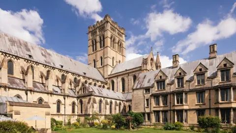 The Roman Catholic Cathedral of St John the Baptist. It is a stone-built Victorian gothic-style building. The cathedral is at an angle on the right of the image with its tower in the middle and on its left is another stone-built building, part of its precinct. In front of it is a lawn, which has shrubs on its edges and above it is a blue sky with white fluffy clouds