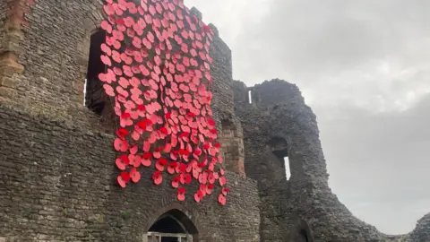 Ruins of a castle with a large decorative wall of poppies cascading down the front 