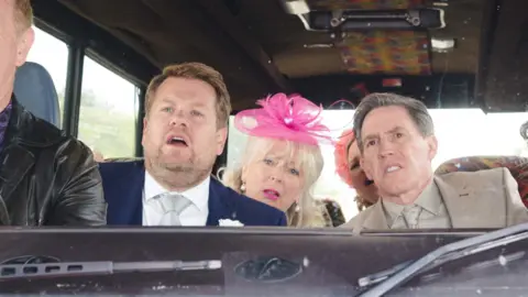 BBC/Toffee International Ltd./Tom Jackson James Corden, Alison Steadman, Joanna Page and Rob Brydon on set for Gavin & Stacey.