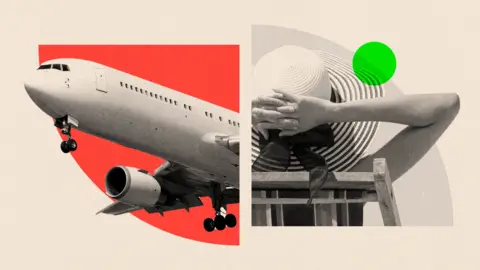 Graphic illustration combining black-and-white images of a commercial passenger jet, a fuel tanker truck labelled ‘flammable’, and a person reclining on a deck chair wearing a wide-brimmed hat, overlaid with red and green geometric shapes on a neutral background.