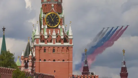 EPA Air support jets fly over the Kremlin during the Victory Day rehearsal in Moscow