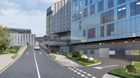 NHS University Hospitals of Liverpool Group An artists' impression of a metal podium with comes out onto a road outside a modern-looking large building. A car drives across the road.