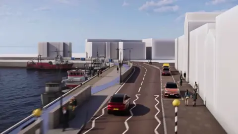 Artists impression of part of the sea wall around Ramsey Port. A high sea wall, along with active travel highways are seen to the left of the road.