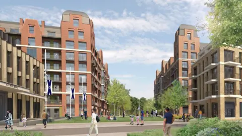 Reselton Properties Limited/Squire and Partners A CGI showing people walking across a patch and square in the middle of the new development