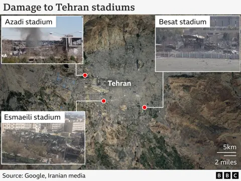 Satellite image of Tehran with 3 locations marked. The Azadi stadium, Besat stadium and Esmaeili stadium. There are images of each of these showing damage following air strikes.