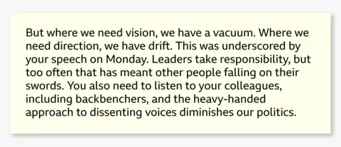 Graphic showing an excerpt from Wes Streeting’s resignation letter reading: "But where we need vision, we have a vacuum. Where we need direction, we have drift. This was underscored by your speech on Monday. Leaders take responsibility, but too often that has meant other people falling on their swords. You also need to listen to your colleagues, including backbenchers, and the heavy-handed approach to dissenting voices diminishes our politics.”