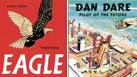 A close up of the front cover of The Eagle comic book that first featured Dan Dare. The cover is bright and colourful, with a price of three pence for the issue.