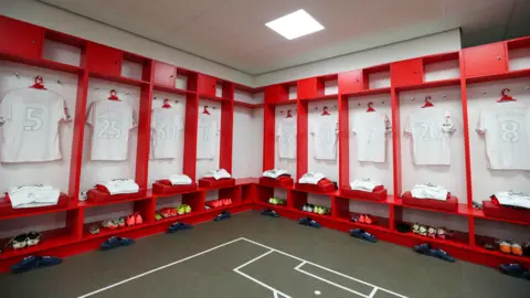 Middlesbrough FC The Middlesbrough FC changing room displaying an all-white football kit.