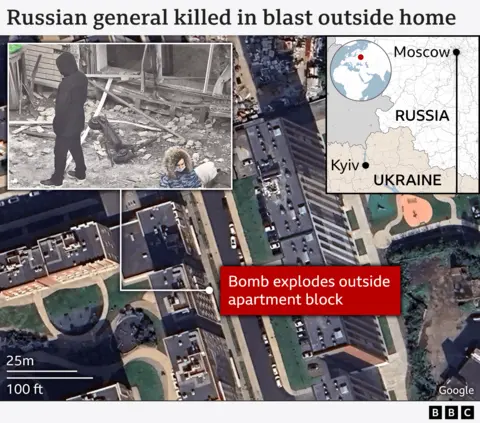 A Google map of Moscow, compiled by the BBC, shows where the bomb exploded on a street in the city 