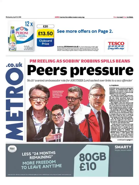"Peers pressure" reads the headline on the front page of the Metro.