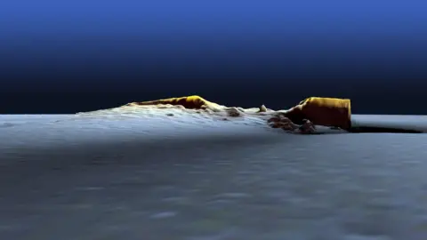 Bangor University A digitally created illustration of the wreck underwater. Soft rubble lying on the bottom of the seabed. Sand underneath and the deep blue sea on top.