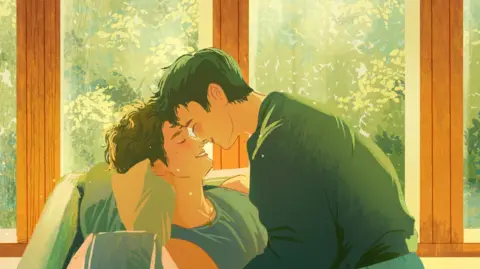 Enid Din/@enid.din Fan art of Shane and Ilya lying on a sofa during an iconic scene at the cottage. Shane is wearing a blue shift and Ilya is wearing a black shirt.