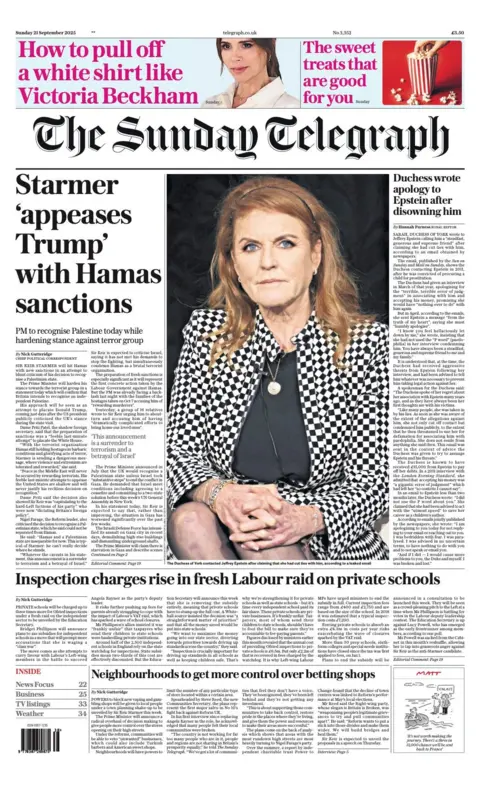 The headline on the front page of the Sunday Telegraph reads: "Starmer 'appeases Trump' with Hamas sanctions".
