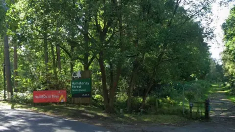 The entrance to Hamsterley Forest. The name of the forest is displayed in a green Forestry England sign by the road. A red sign stating no BBQs or fires are allowed is next to it. Tall, leafy trees can be seen behind the signs. A track behind a metal gate leads off to the right.