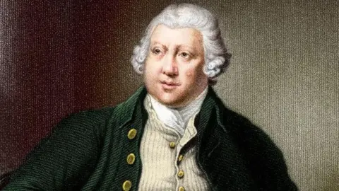 Getty Images Portrait of Sir Richard Arkwright in a green overcoat, cream waistcoat and white hair