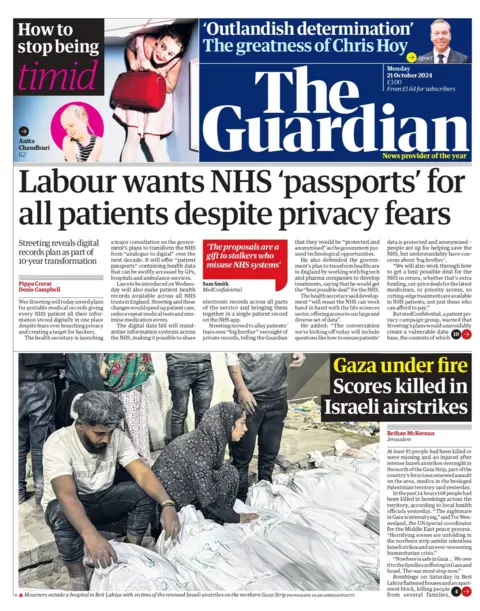 The Guardian's beforehand   leafage   reads "Labour wants NHS 'passports' for each  patients contempt  privateness  fears"