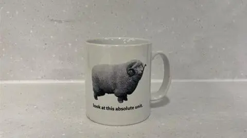 National Science and Media Museum A white mug has an image of the ram from the "absolute unit" meme.