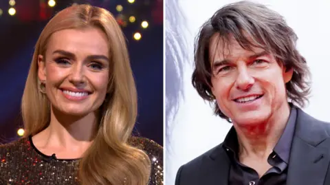 A comp image, a woman with long blonde hair, on the left, smiling at the camera and wearing a gold dress. On the right, a dark haired man, smiling, wearing a dark shirt and jacket