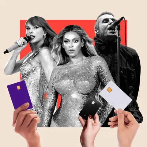 BBC A treated image showing Taylor Swift, Beyonce, and Liam Gallagher in front of hands holding up credit cards