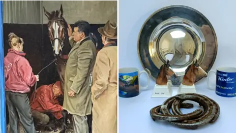 Charterhouse Auctioneers One side of the image is a painting of Kauto Star with two men and a woman looking at him while a man inspects the horse's legs. The other side is a display of a trophy, statues, mugs and horseshoes.