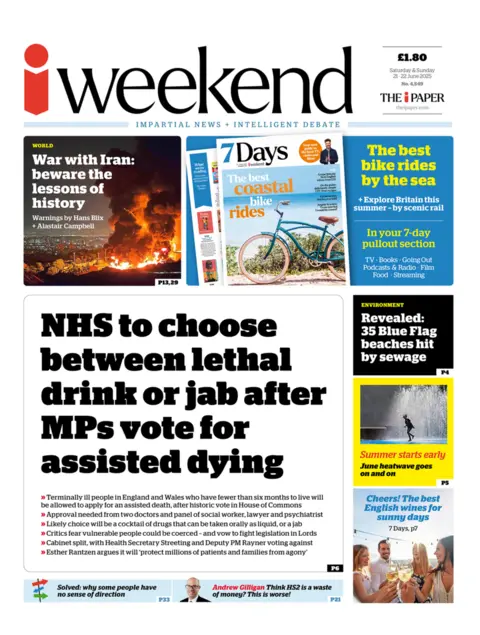 The headline on the front page of the i Paper reads: "NHS to choose between lethal drink or jab after MPs vote for assisted dying"