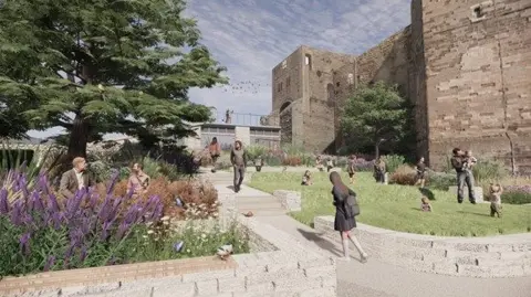 Artist's impression of the completed project, showing garden areas outside the castle walls and a ramp leading to the gatehouse