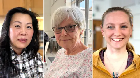 A composite picture, showing three women looking directly towards the camera.
