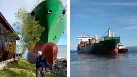 Split image showing ship near house, with a man in front, and then the ship in the water