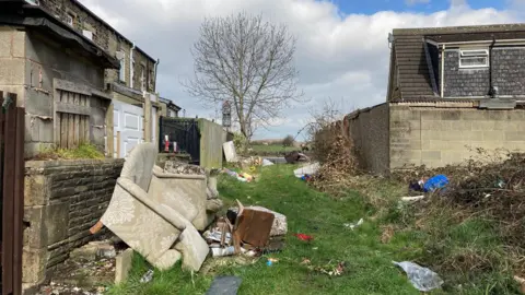 An armchair propped against a back wall and rubbish strewn across a grassed-over foothpath.