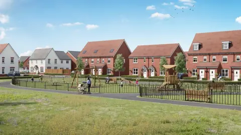 CGI image of a row of modern houses with a gated play area in front