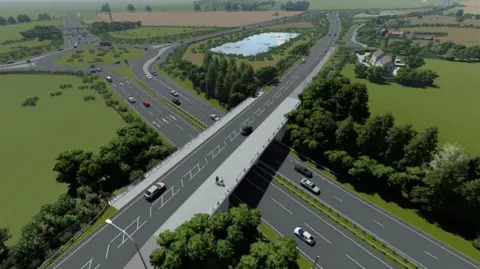 An artist's impression of how the new road layout will look once complete. A flyover crosses a dual carriageway and a large roundabout is at the end. All roads are surrounded by fields and trees.